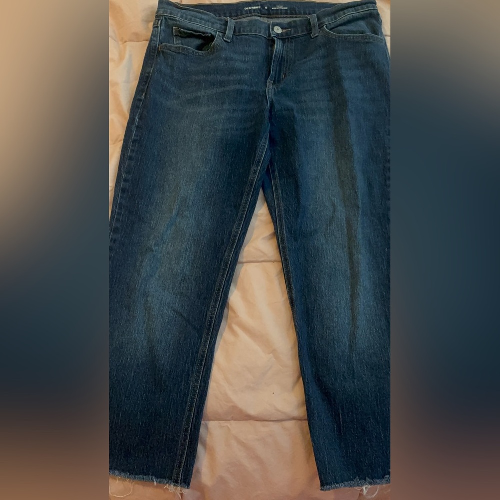 Dark Blue Med Rise Straight Leg Jeans 12 Raw Hem Loose Fit Casual Basic Capsule